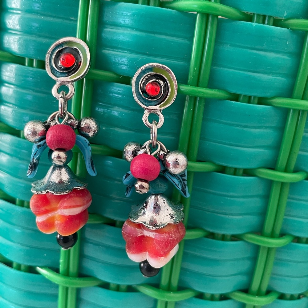 Red and Silver Floral Earrings